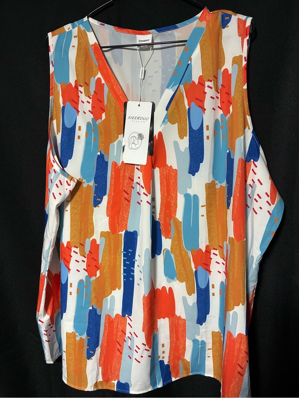 Women’s V-Neck Abstract Brushstroke Shirt in White/Blue/Orange 3X
